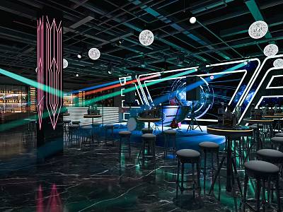 Modern Bar Interior Design With Neon Lights Counter Stools Lighting Effects And Marble Floor 3d model