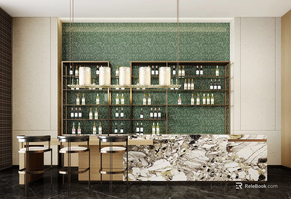 Stylish Modern Bar With Marble Countertop Green Wall And Wine Shelves And Metallic Bar Stools 3d model 