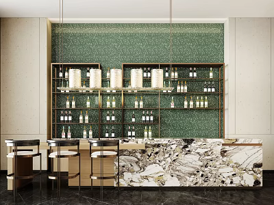 Stylish Modern Bar With Marble Countertop Green Wall And Wine Shelves And Metallic Bar Stools 3d model