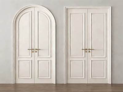 White Double Doors With Arched And Rectangular Designs And Golden Handles 3d model