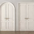 White Double Doors With Arched And Rectangular Designs And Golden Handles