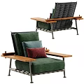 Green Upholstered Single Sofa with Wooden Armrests Red Blue Cushions and Metal Legs
