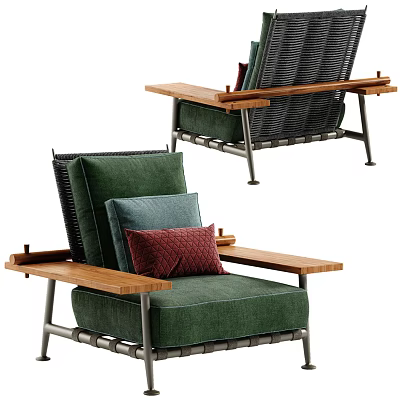 Green Upholstered Single Sofa with Wooden Armrests Red Blue Cushions and Metal Legs 3d model