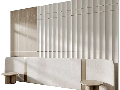 Modern Minimalist Bed Background Wall With Wooden Panels Vertical Slats And Soft Tones 3d model