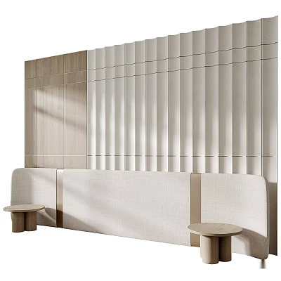 Modern Minimalist Bed Background Wall With Wooden Panels Vertical Slats And Soft Tones 3d model