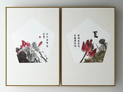 Traditional Chinese Plant Paintings Featuring Lotus Flowers Leaves In Ink Style With Golden Frames 3d model