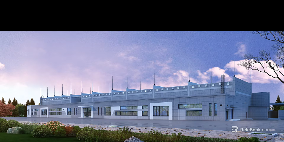 Modern Industrial Factory Building Exterior With Multiple Windows Landscaped Greenery And Evening Cloudy Sky 3d model 