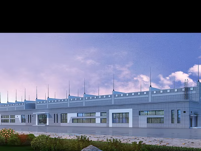 Modern Industrial Factory Building Exterior With Multiple Windows Landscaped Greenery And Evening Cloudy Sky 3d model