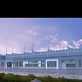 Modern Industrial Factory Building Exterior With Multiple Windows Landscaped Greenery And Evening Cloudy Sky