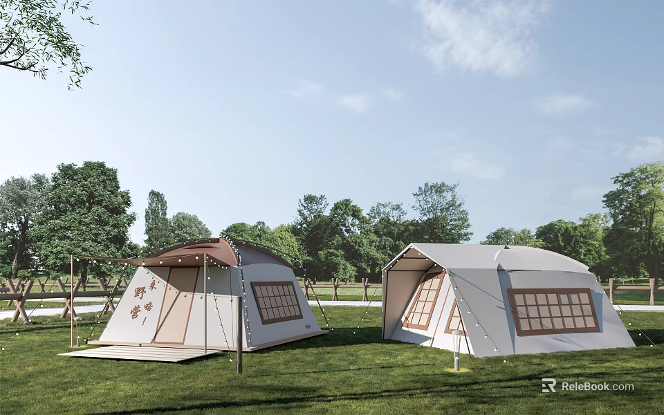 Beige And Light Gray Canvas Tents On Green Grass With Trees In Background 3d model 