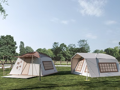 Beige And Light Gray Canvas Tents On Green Grass With Trees In Background 3d model