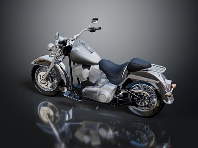 Classic Silver Cruiser Motorcycle With Black Seat And Reflection On Dark Background 3d model