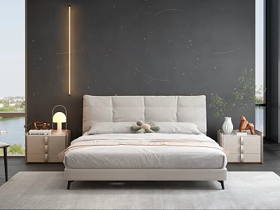 Modern Double Bed Bedroom Interior With Light Gray Headboard Bedside Lamp And Dark Background Wall 3d model