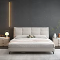 Modern Double Bed Bedroom Interior With Light Gray Headboard Bedside Lamp And Dark Background Wall