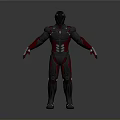 Futuristic Armored Character With Black Red Silver Mechanical Armor Standing Pose