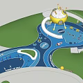 Children's Play Area Featuring Yellow Dome Structure Slide Blue Floor And Green Trees
