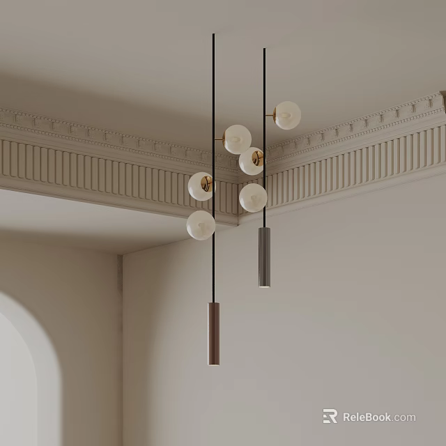 Elegant Modern Pendant Lights Featuring White Globes And Metal Rods In Interior With Crown Molding 3d model 