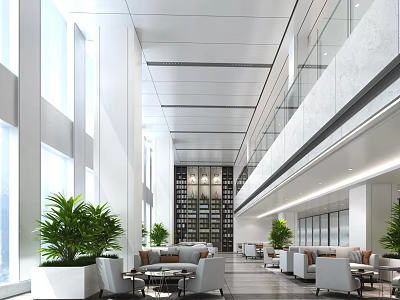 Modern Hotel Lobby Interior With Large Windows White Columns Green Plants And Comfortable Sofas 3d model