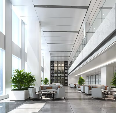 Modern Hotel Lobby Interior With Large Windows White Columns Green Plants And Comfortable Sofas 3d model