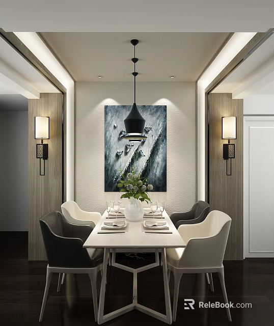 Elegant Modern Restaurant Interior With Dining Table Chairs Pendant Light Wall Art Vase And Tableware 3d model 