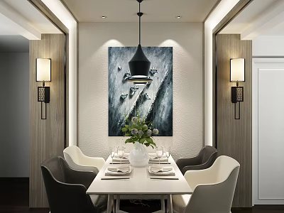 Elegant Modern Restaurant Interior With Dining Table Chairs Pendant Light Wall Art Vase And Tableware 3d model