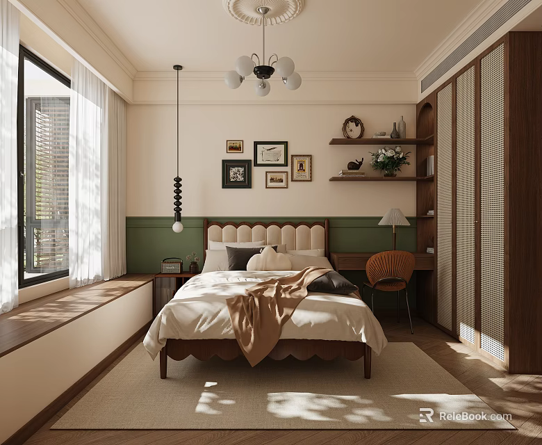 Cozy Bedroom Interior With Tufted Headboard Chandelier Window Bench And Decorative Paintings 3d model 