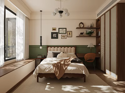 Cozy Bedroom Interior With Tufted Headboard Chandelier Window Bench And Decorative Paintings 3d model