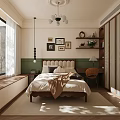 Cozy Bedroom Interior With Tufted Headboard Chandelier Window Bench And Decorative Paintings