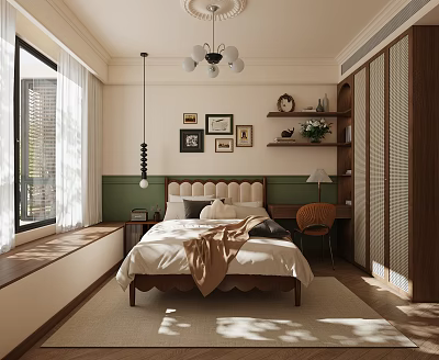 Cozy Bedroom Interior With Tufted Headboard Chandelier Window Bench And Decorative Paintings 3d model