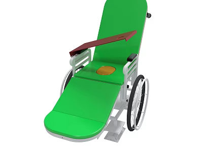 Green Reclining Wheelchair With Red Armrests And Yellow Seat Cushion 3d model