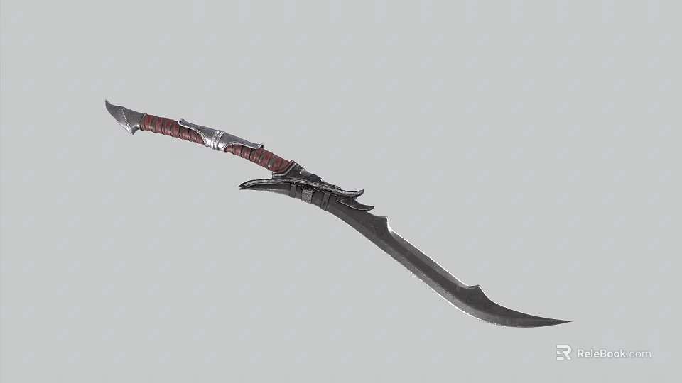 Medieval Curved Sword With Red Leather Wrapped Handle And Silver Ornate Sharp Steel Blade 3d model 