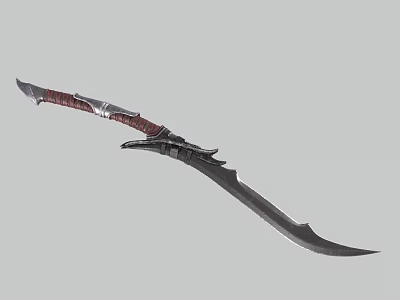 Medieval Curved Sword With Red Leather Wrapped Handle And Silver Ornate Sharp Steel Blade 3d model