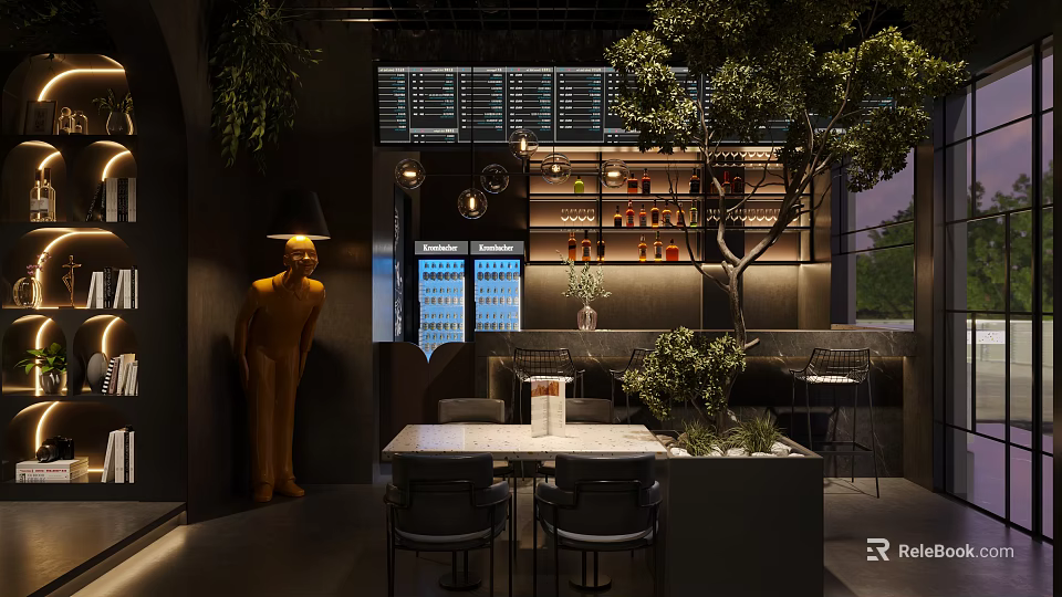 Modern Bar Interior Design With Decorative Tree Shelves Bottles Tables And Lighting 3d model 