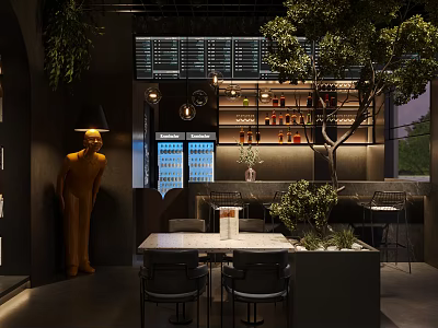 Modern Bar Interior Design With Decorative Tree Shelves Bottles Tables And Lighting 3d model