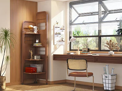 Modern Study Room Interior Design With Wooden Wall Bookshelf Desk And Rattan Chair 3d model
