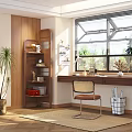 Modern Study Room Interior Design With Wooden Wall Bookshelf Desk And Rattan Chair