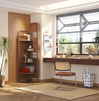 Modern Study Room Interior Design With Wooden Wall Bookshelf Desk And Rattan Chair 3d model
