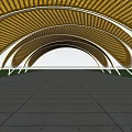 Wooden Pergola With Arched Roof Design And Concrete Pavement On Grass Lawn