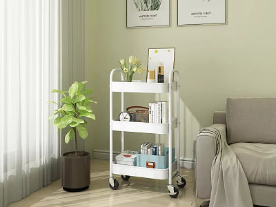Rolling Storage Cart With Three Shelves In Living Room Plants Books And Decor Items 3d model