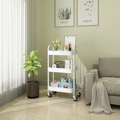 Rolling Storage Cart With Three Shelves In Living Room Plants Books And Decor Items 3d model