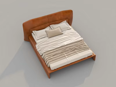 Modern Double Bed With Brown Leather Headboard And Layered White Bedding 3d model