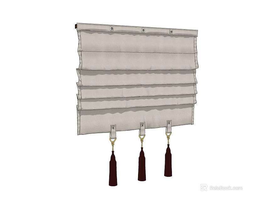 Elegant Pleated Roman Shade with Light Colored Fabric and Decorative Tassels 3d model 