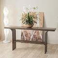 Sleek Modern Wooden Console Table With Potted Plant Artwork And Floor Lamp In Living Space
