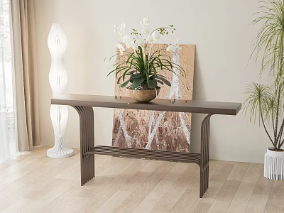 Sleek Modern Wooden Console Table With Potted Plant Artwork And Floor Lamp In Living Space 3d model