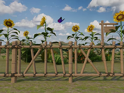 Eco Friendly Commercial Equipment Featuring Bamboo Fence Wooden Sign Sunflowers And Butterfly Outdoors 3d model