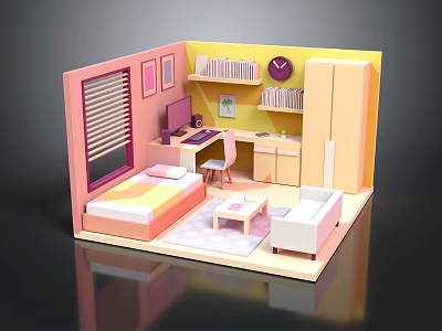 Cartoon Scene of Colorful Pink Yellow Room With Bed Desk Bookshelf And Sofa 3d model