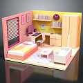 Cartoon Scene of Colorful Pink Yellow Room With Bed Desk Bookshelf And Sofa