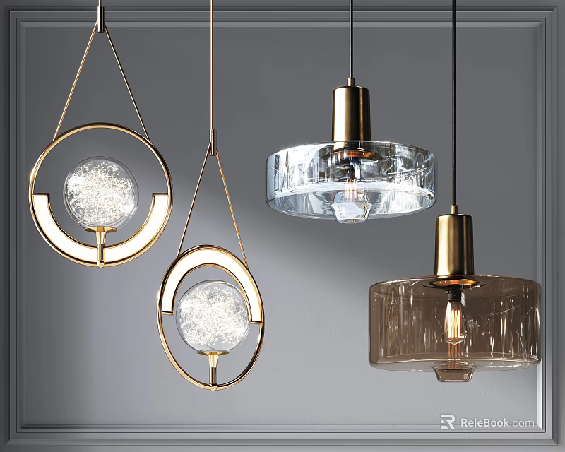 Modern Pendant Lights With Golden Metal Frames And Transparent Glass Designs 3d model 