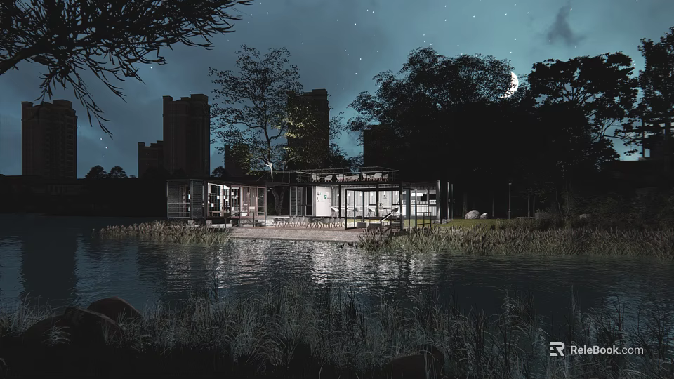 Modern Lakeside Café With Glass Walls Night View Trees And Water Reflection 3d model 