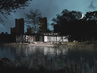 Modern Lakeside Café With Glass Walls Night View Trees And Water Reflection 3d model